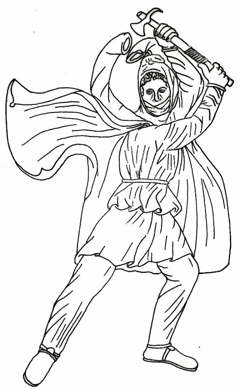 Axtkämpfer (AlexSarkophag)T39A2.jpg - Eine der wenigen Darstellungen der Sichelaxt mit gekrümmtem Dorn, eigentlich skythischen Ursprungs